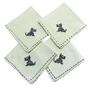 Cocktail napkins (4) YELLOW cotton hand embroidery black Scottish Terriers